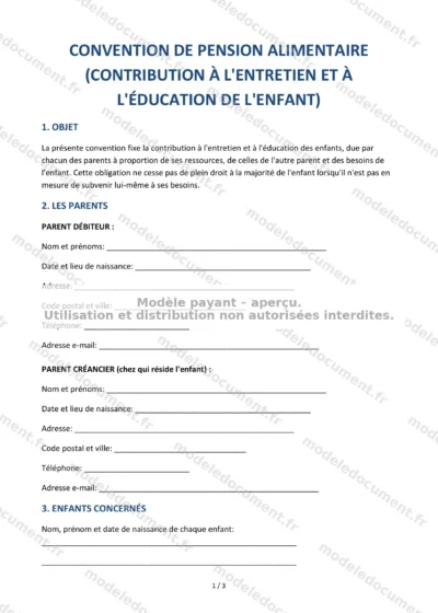 Convention de pension alimentaire — modèle à télécharger, aperçu de la page 1 sur 3