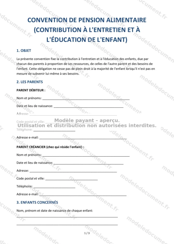 Convention de pension alimentaire — Modèle Word & PDF