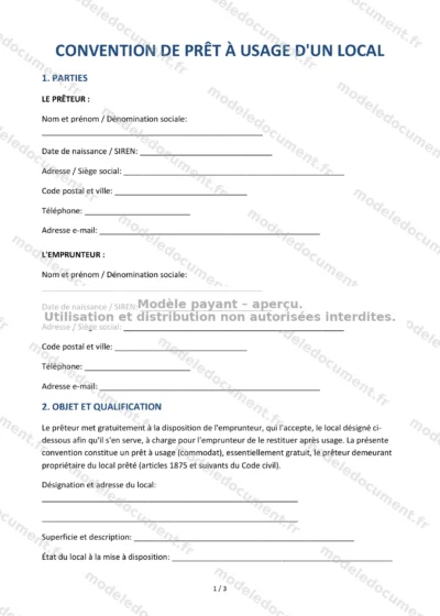 Convention de prêt à usage d'un local — modèle à télécharger, aperçu de la page 1 sur 3