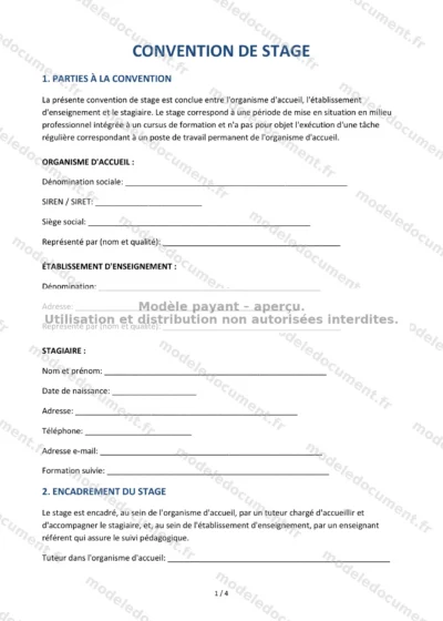 Convention de stage — modèle à télécharger, aperçu de la page 1 sur 4