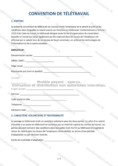 Convention de télétravail — modèle à télécharger, aperçu de la page 1 sur 3