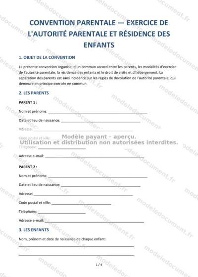 Convention parentale — autorité parentale et résidence des enfants — modèle à télécharger, aperçu de la page 1 sur 4
