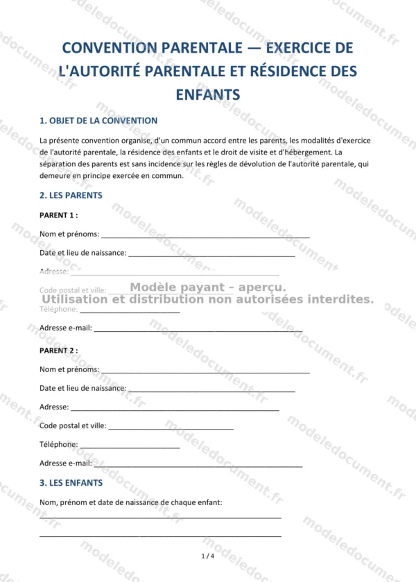 Convention parentale — autorité parentale et résidence des enfants — Modèle Word & PDF