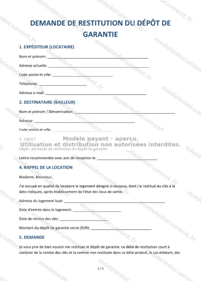Demande de restitution du dépôt de garantie — modèle à télécharger, aperçu de la page 1 sur 2
