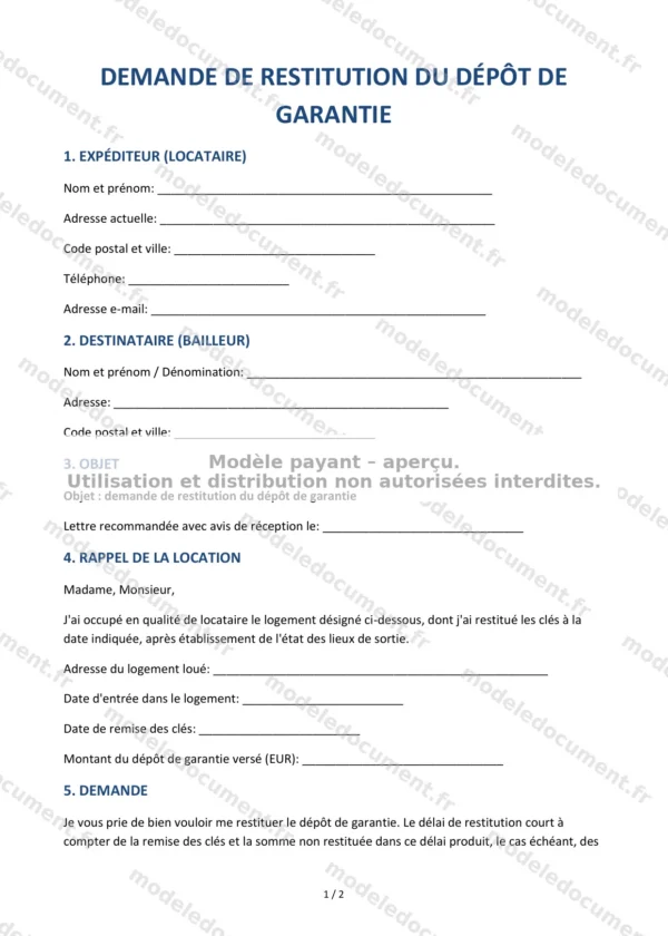 Demande de restitution du dépôt de garantie — Modèle Word & PDF