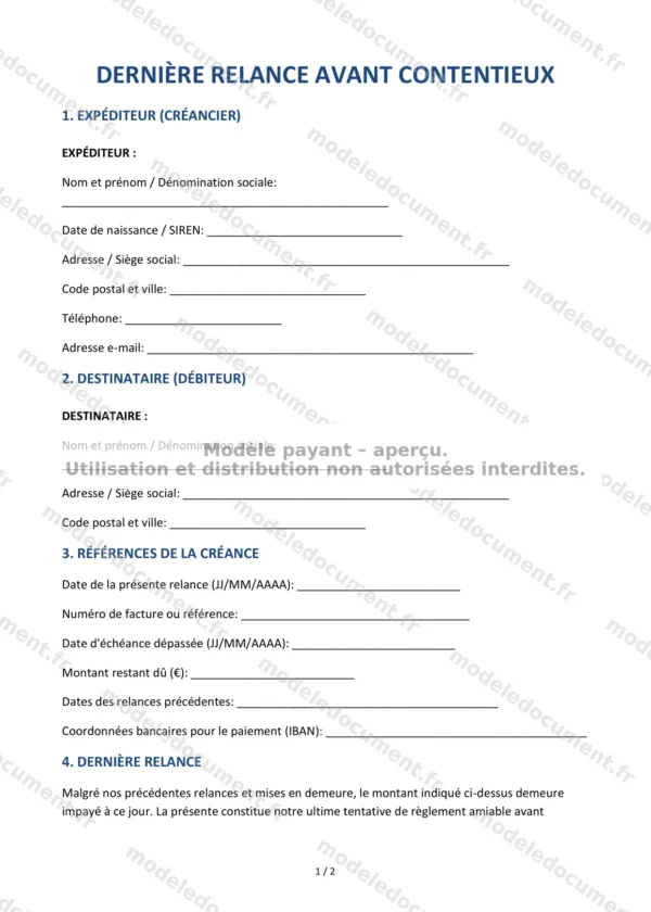 Dernière relance avant contentieux — Modèle Word & PDF