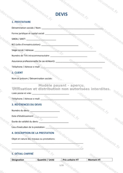 Devis — modèle à télécharger, aperçu de la page 1 sur 3