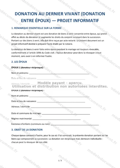 Donation au dernier vivant (donation entre époux) — projet informatif — modèle à télécharger, aperçu de la page 1 sur 3