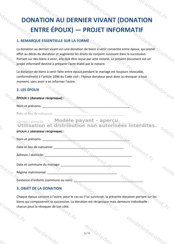 Donation au dernier vivant (donation entre époux) — projet informatif — Modèle Word & PDF