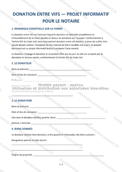 Donation entre vifs — projet informatif pour le notaire — modèle à télécharger, aperçu de la page 1 sur 3