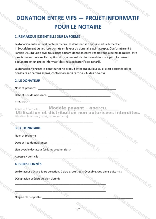 Donation entre vifs — projet informatif pour le notaire — Modèle Word & PDF