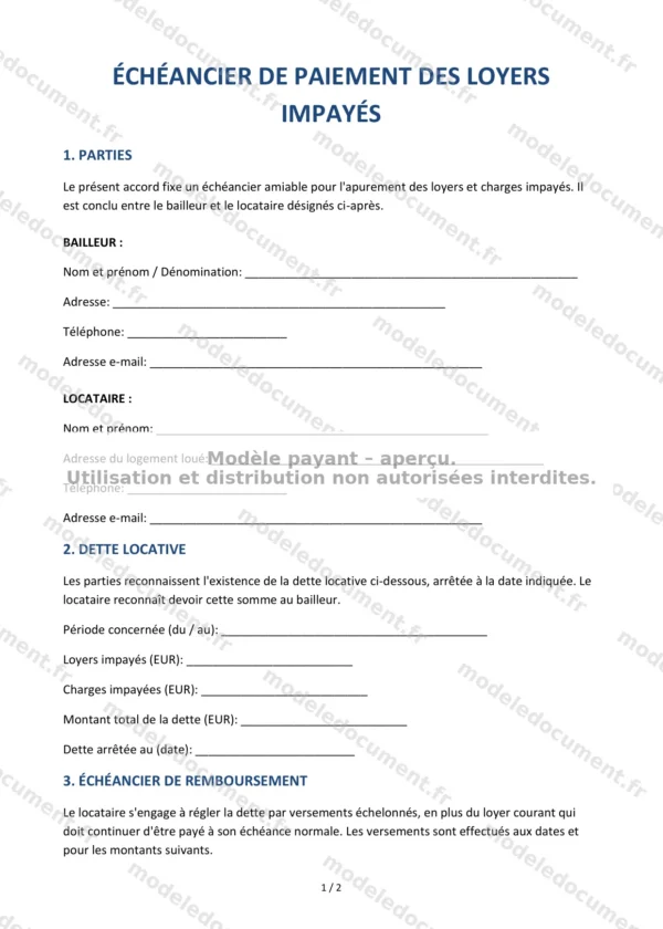 Échéancier de paiement des loyers impayés — Modèle Word & PDF