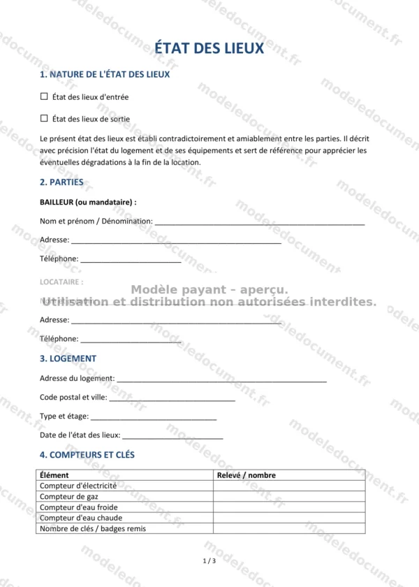 État des lieux — Modèle Word & PDF