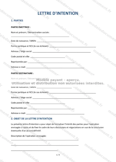 Lettre d'intention (LOI) — modèle à télécharger, aperçu de la page 1 sur 3