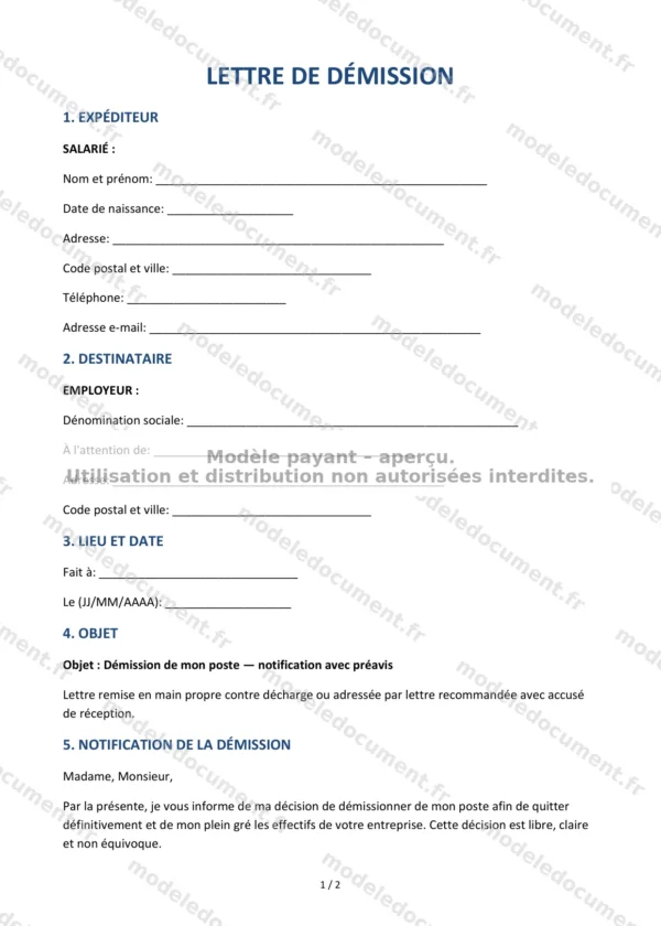 Lettre de démission — Modèle Word & PDF