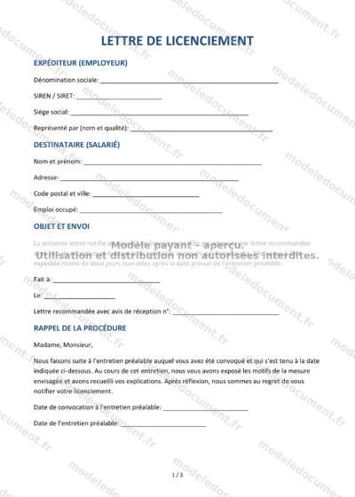 Lettre de licenciement — modèle à télécharger, aperçu de la page 1 sur 3