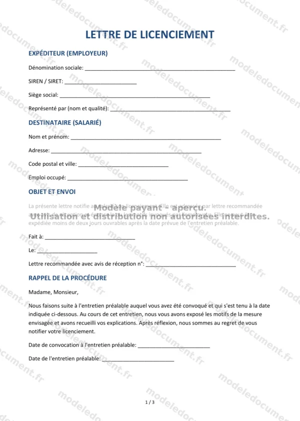 Lettre de licenciement — Modèle Word & PDF
