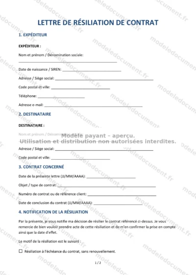 Lettre de résiliation de contrat — modèle à télécharger, aperçu de la page 1 sur 2