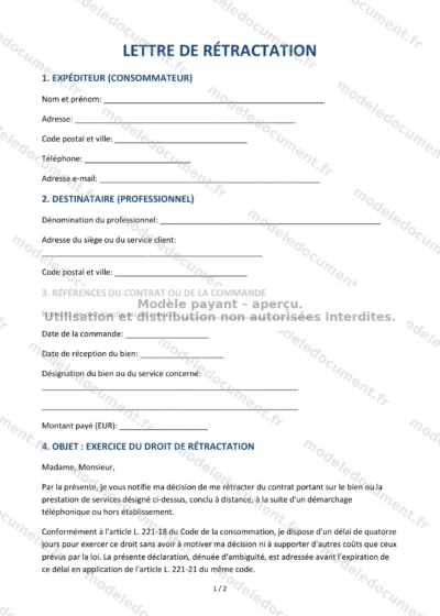 Lettre de rétractation — modèle à télécharger, aperçu de la page 1 sur 2