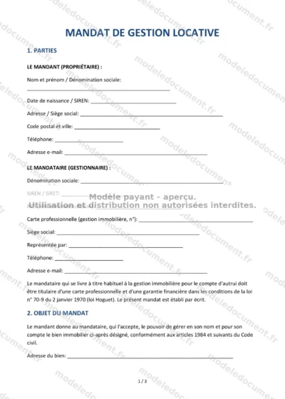 Mandat de gestion locative — modèle à télécharger, aperçu de la page 1 sur 3