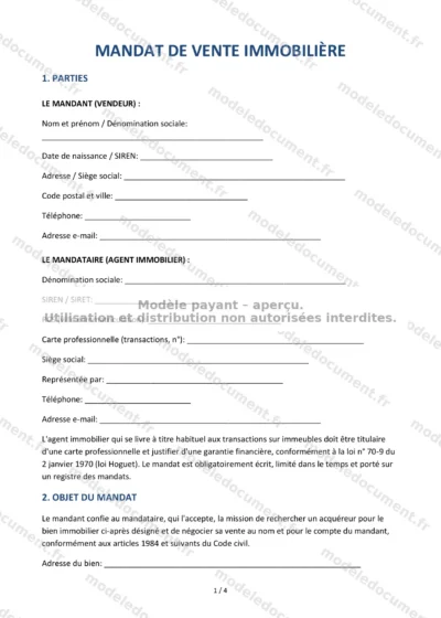 Mandat de vente immobilière — modèle à télécharger, aperçu de la page 1 sur 4