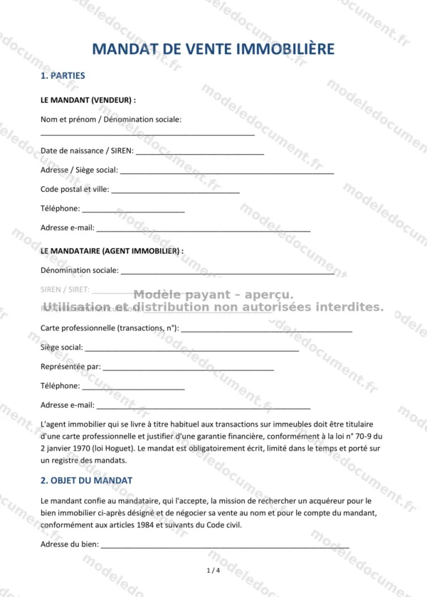 Mandat de vente immobilière — Modèle Word & PDF