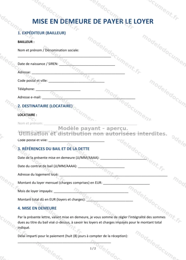 Mise en demeure de payer le loyer — Modèle Word & PDF