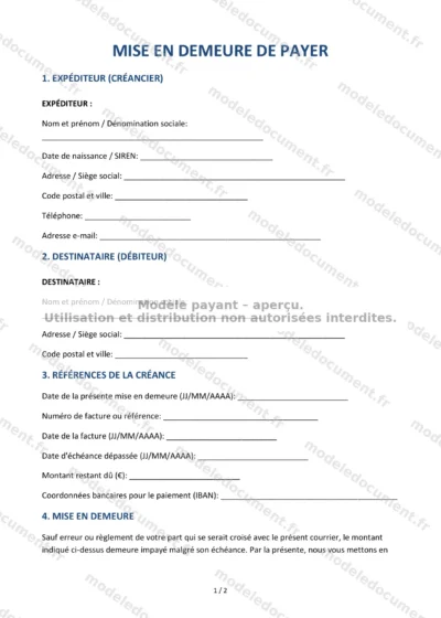 Mise en demeure de paiement — modèle à télécharger, aperçu de la page 1 sur 2