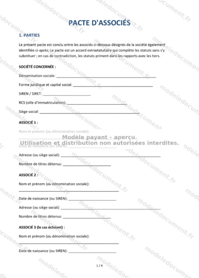 Pacte d'associés — modèle à télécharger, aperçu de la page 1 sur 4
