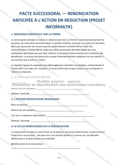 Pacte successoral — renonciation à l'action en réduction — modèle à télécharger, aperçu de la page 1 sur 2