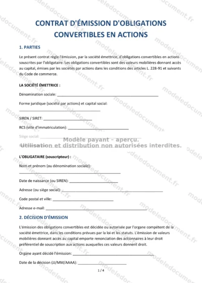 Contrat d'emprunt obligataire convertible — modèle à télécharger, aperçu de la page 1 sur 4