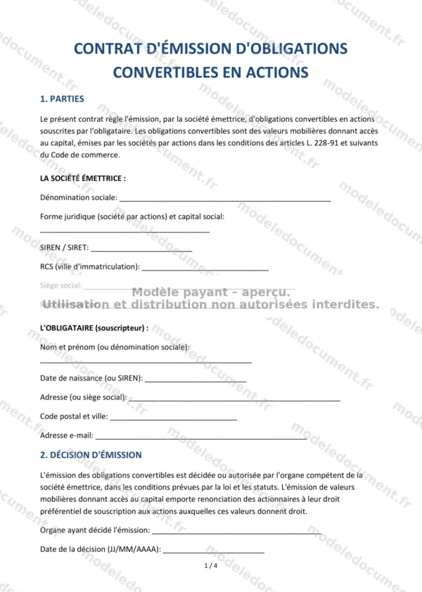 Contrat d’emprunt obligataire convertible — Modèle Word & PDF