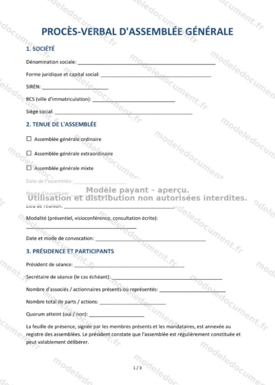 Procès-verbal d'assemblée générale — modèle à télécharger, aperçu de la page 1 sur 3