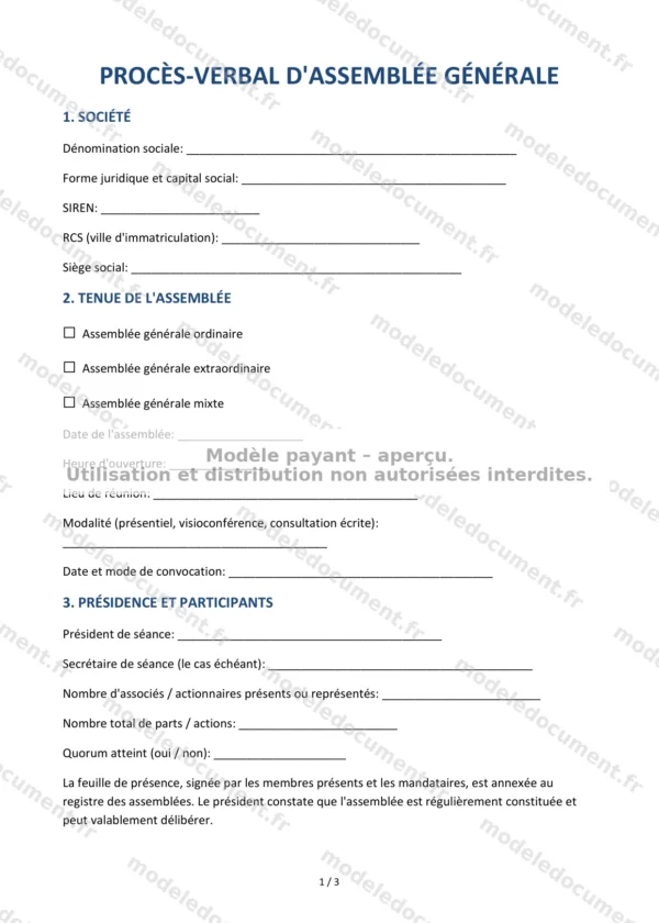 Procès-verbal d&rsquo;assemblée générale — Modèle Word & PDF