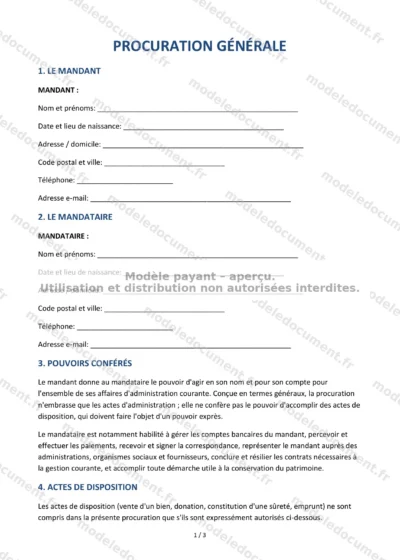 Procuration générale — modèle à télécharger, aperçu de la page 1 sur 3