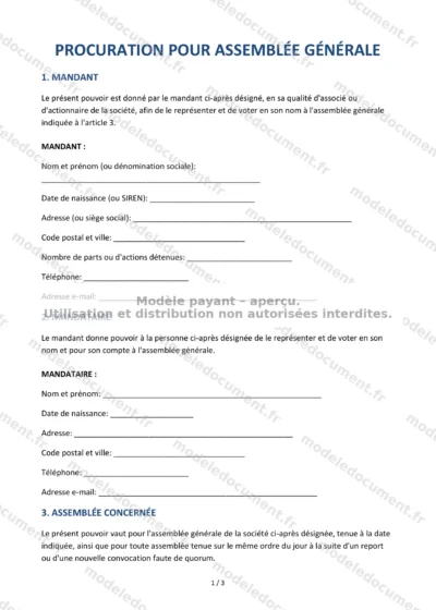 Procuration pour assemblée générale — modèle à télécharger, aperçu de la page 1 sur 3