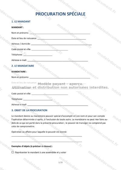 Procuration spéciale — modèle à télécharger, aperçu de la page 1 sur 3