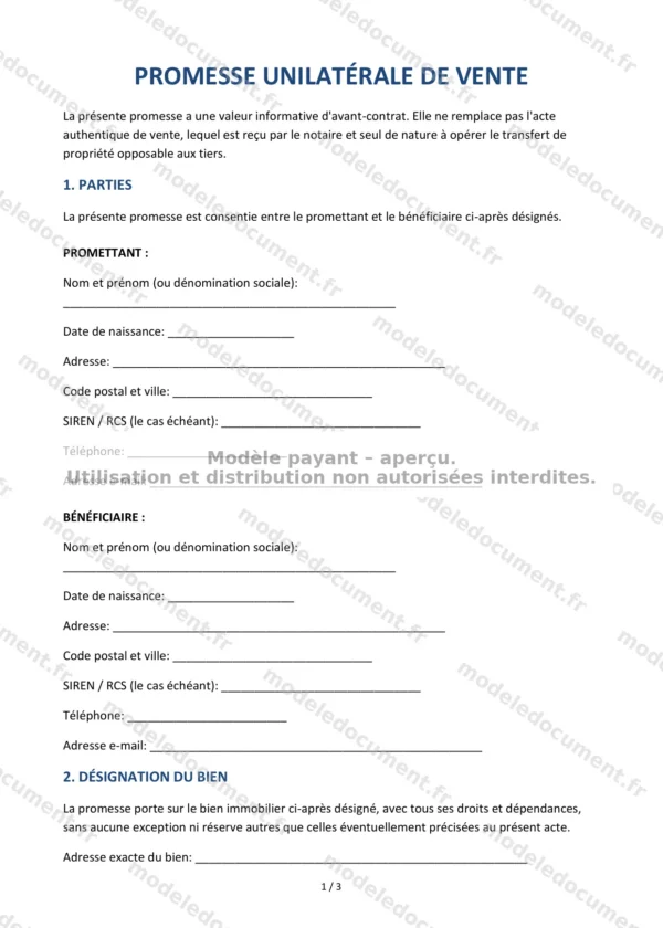Promesse unilatérale de vente — Modèle Word & PDF