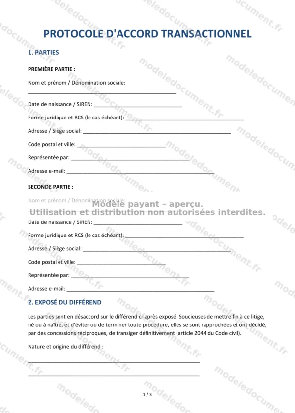 Protocole d&rsquo;accord transactionnel — Modèle Word & PDF