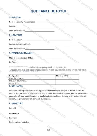 Quittance de loyer — modèle à télécharger, aperçu de la page 1 sur 1