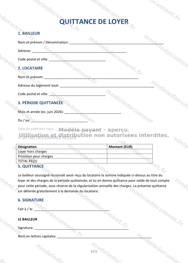 Quittance de loyer — Modèle Word & PDF