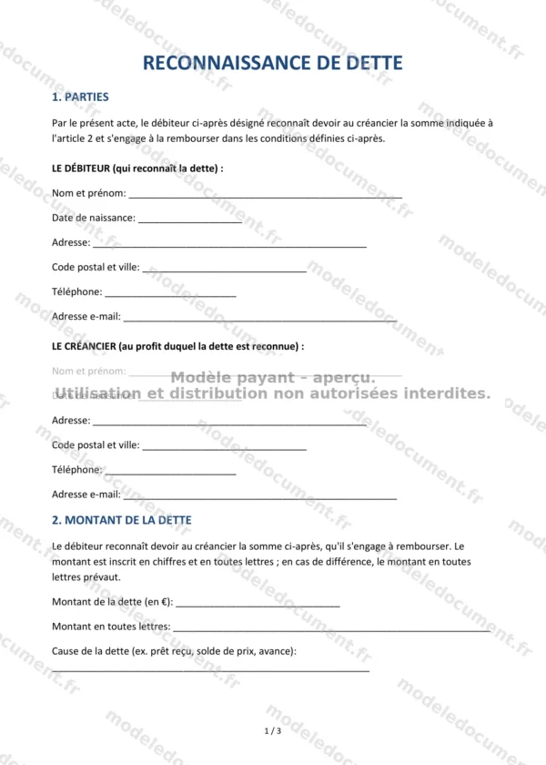 Reconnaissance de dette — Modèle Word & PDF