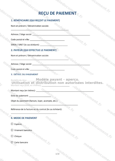 Reçu de paiement — modèle à télécharger, aperçu de la page 1 sur 2