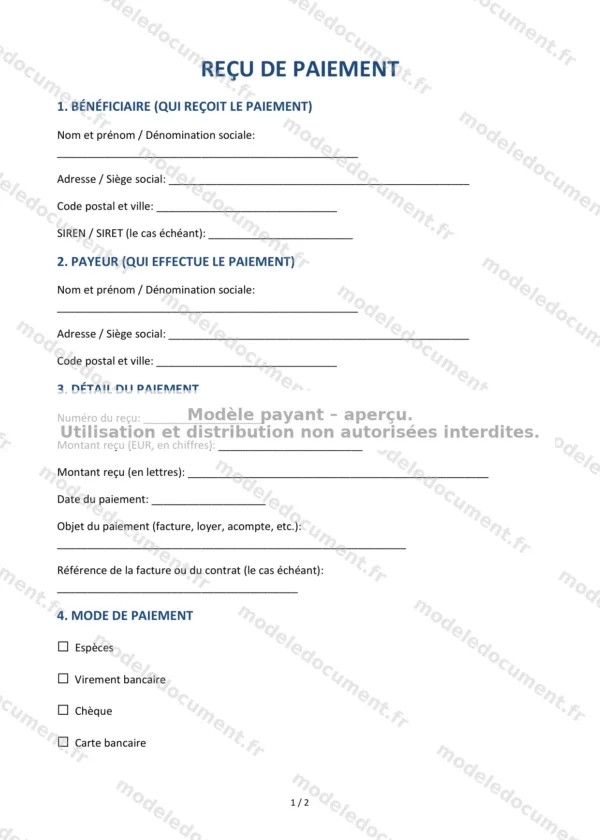 Reçu de paiement — Modèle Word & PDF