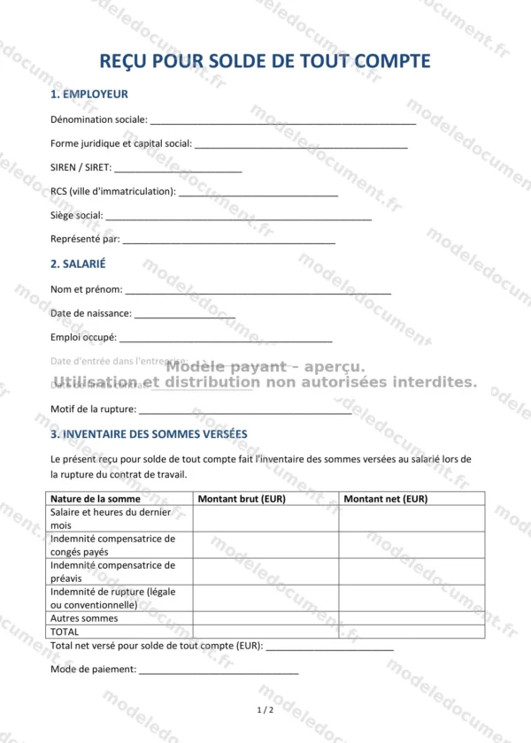 Reçu pour solde de tout compte — Modèle Word & PDF