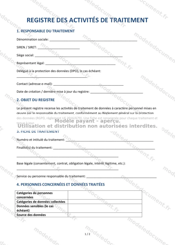Registre des traitements (RGPD) — Modèle Word & PDF