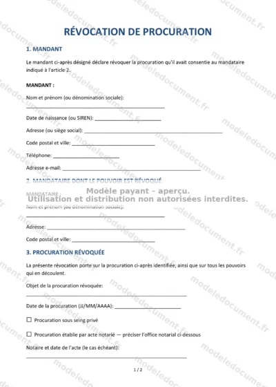 Révocation de procuration — modèle à télécharger, aperçu de la page 1 sur 2