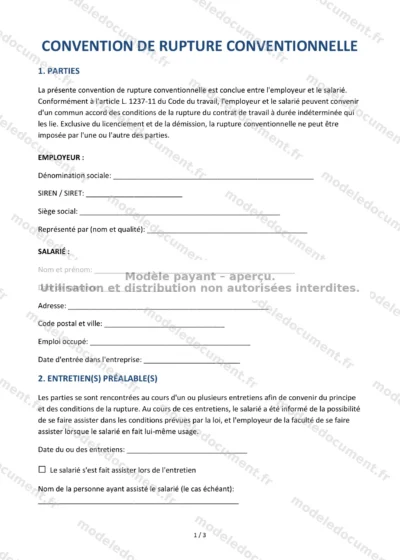 Convention de rupture conventionnelle — modèle à télécharger, aperçu de la page 1 sur 3
