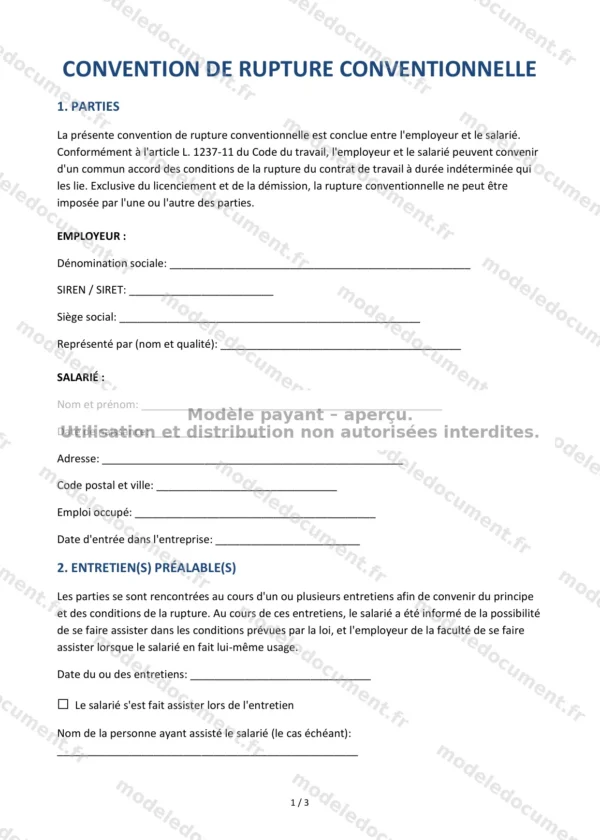 Convention de rupture conventionnelle — Modèle Word & PDF