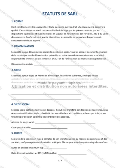 Statuts de SARL — modèle à télécharger, aperçu de la page 1 sur 4
